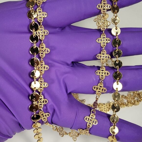 Women's Stunning Gold Fancy-Disc Filigree Clover Layered Long Necklace, 40-inch - Picture 1 of 6